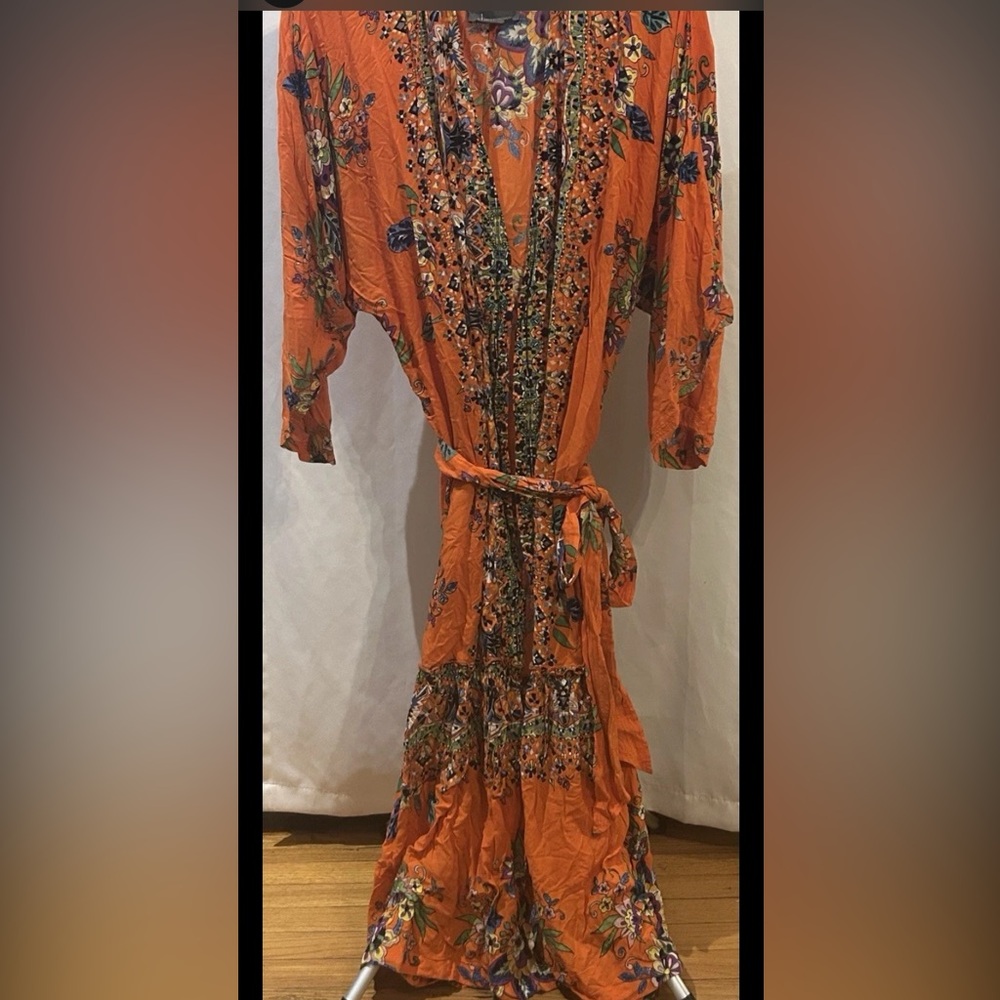 Anthropologie Emmanuelle Orange Floral Paisley Boho Belted Robe Cover Up XS - Picture 3 of 5